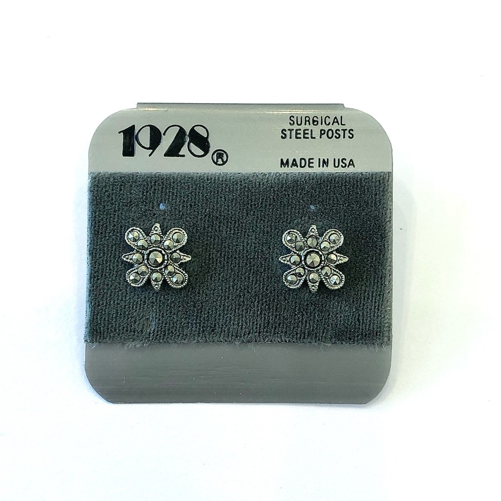 1928 Jewelry vintage silver tone and marcasite floral  pierced earrings